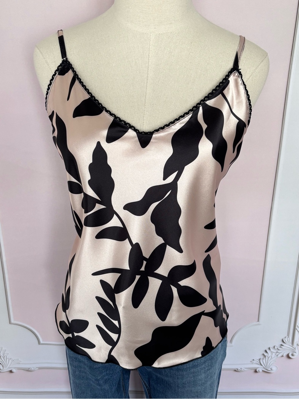TASH + SOPHIE Champagne and Black Satin Lace-Trim Camisole Top--NWT--XL